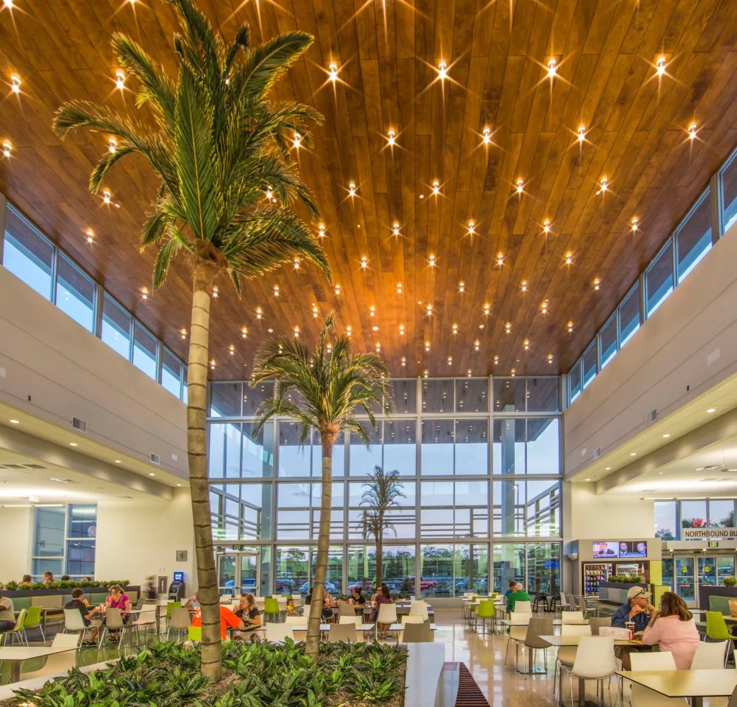 Spacious airport food court with palm trees and seating area.